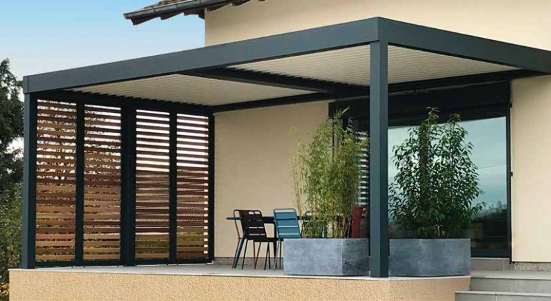 TY PAU - Partie fixe ajouré pergola aluminium et bois confort thermique adossée 