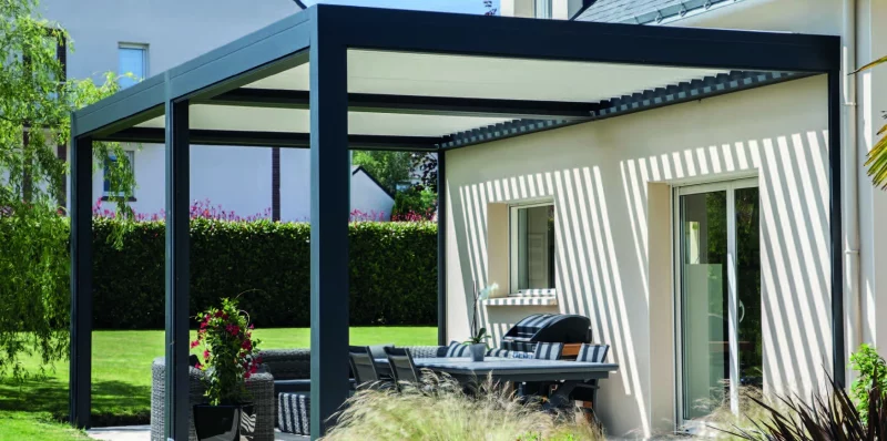 TY Pau Pergola adossée autoportante double terrasse  électrique solaire protection bioclimatique 2 capteur vent soleil pluie étanche